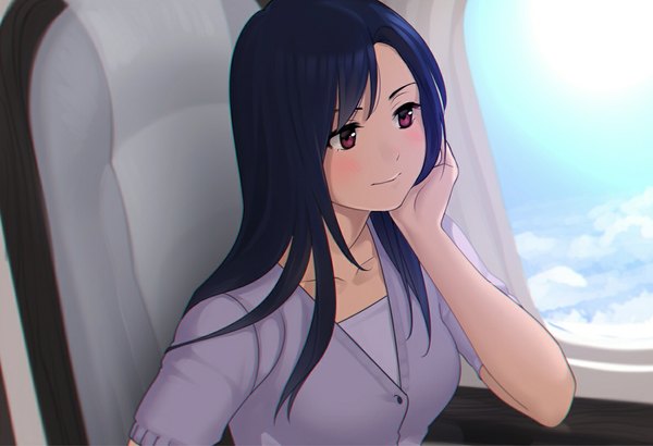 Anime picture 1186x812 with love money rock'n'roll catherine (love money rock'n'roll) revolmxd single long hair blush sitting purple eyes blue hair light smile girl