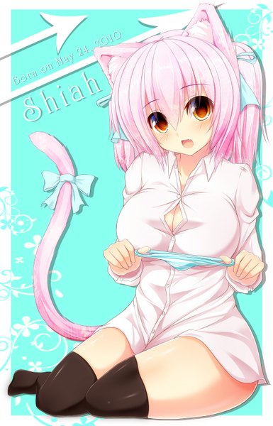 Anime picture 1000x1555 with original shia flatpaddy syroh single long hair tall image blush open mouth light erotic animal ears pink hair cat ears cat girl cat tail orange eyes girl thighhighs underwear panties black thighhighs
