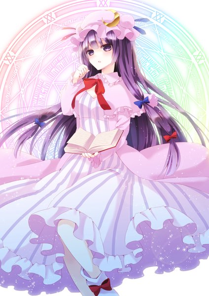 Anime picture 1200x1697 with touhou patchouli knowledge chitose (usacan) single long hair tall image purple eyes purple hair magic girl dress bow hair bow book (books) bonnet magic circle