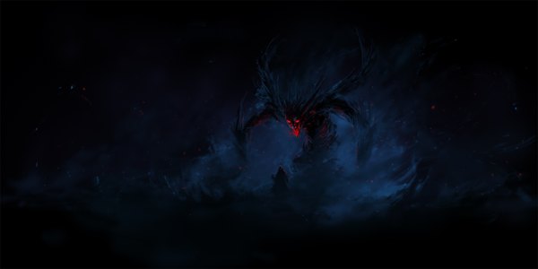 Anime picture 1596x798 with original chris cold open mouth wide image back smoke demon gloom cloak