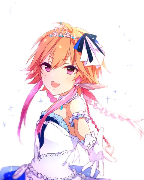 Anime picture 700x875 with idolmaster idolmaster cinderella girls idolmaster cinderella girls starlight stage ninomiya asuka noda (yncoon) single long hair tall image looking at viewer fringe open mouth simple background hair between eyes white background pink hair pink eyes multicolored hair orange hair sparkle outstretched hand