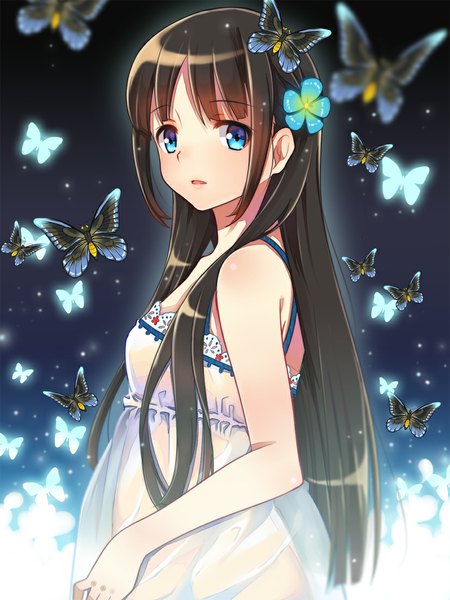 Anime picture 827x1102 with original zonana single long hair tall image looking at viewer blush open mouth blue eyes brown hair bare shoulders hair flower glowing girl dress hair ornament flower (flowers) insect butterfly transparent clothing