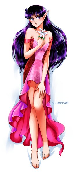 Anime picture 821x1896 with bishoujo senshi sailor moon toei animation hino rei sailor mars princess mars cloveras single long hair tall image blush simple background white background purple eyes bare shoulders holding signed purple hair full body barefoot pointy ears