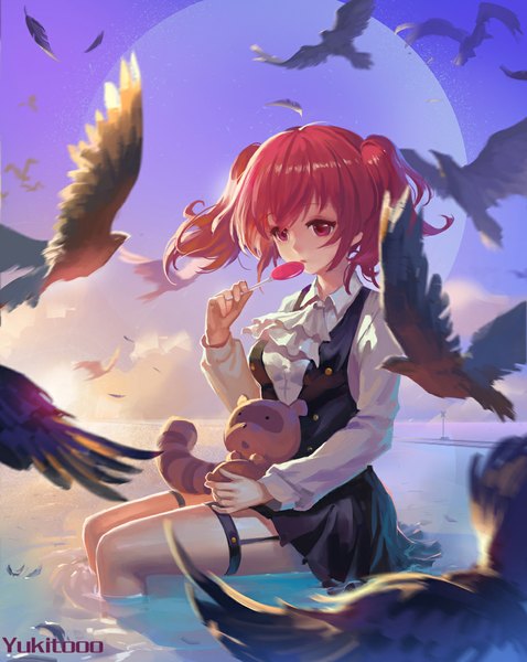 Anime picture 921x1157 with inu x boku ss david production roromiya karuta yukitooo tall image short hair red eyes sitting red hair girl thighhighs dress animal food sweets bird (birds) candy lollipop