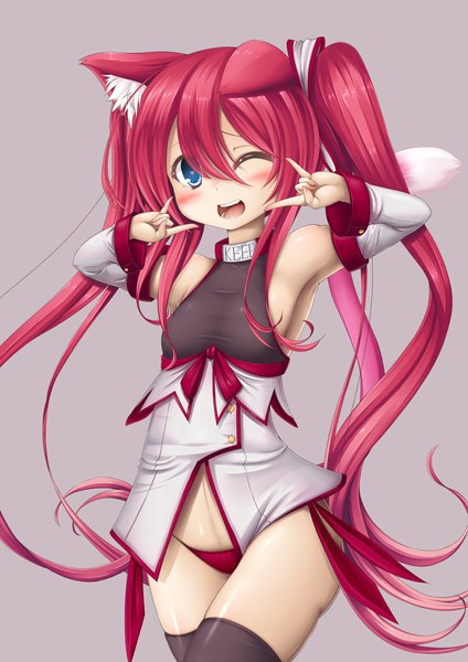 Anime picture 1060x1500 with original ocha (gogonuko) single tall image looking at viewer blush fringe open mouth blue eyes light erotic simple background hair between eyes twintails animal ears pink hair very long hair one eye closed wink grey background armpit (armpits)