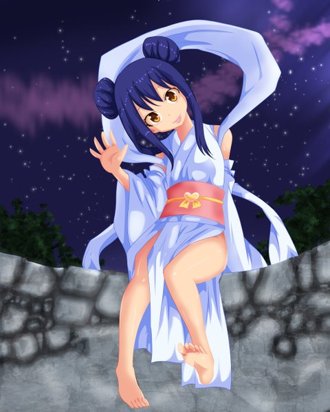 Anime picture 4000x5000 with fairy tail wendy marvell facu10mag single long hair tall image highres smile yellow eyes blue hair absurdres cloud (clouds) traditional clothes japanese clothes lips night hair bun (hair buns) night sky legs coloring