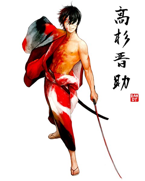 Anime picture 800x1000 with gintama sunrise (studio) takasugi shinsuke dandyking single tall image looking at viewer short hair black hair simple background smile white background nipples traditional clothes japanese clothes black eyes inscription hieroglyph smirk bandage over one eye