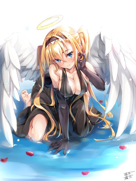 Anime picture 1200x1600 with original moeki yuuta single long hair tall image looking at viewer blush fringe breasts blue eyes light erotic blonde hair hair between eyes large breasts twintails cleavage full body arm support white wings girl