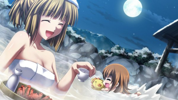 Anime picture 1280x720 with umineko no naku koro ni ushiromiya maria ushiromiya rosa sakutarou (umineko) ryuukishi07 blush short hair open mouth light erotic blonde hair brown hair wide image multiple girls game cg eyes closed night official art naked towel mother and daughter girl