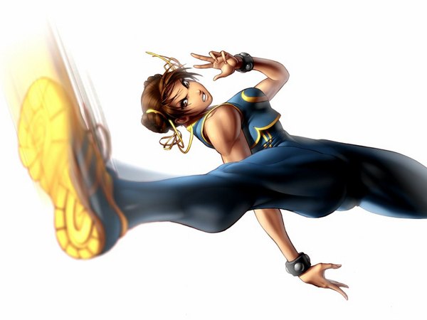 Anime picture 1600x1200 with street fighter chun-li simple background brown hair white background brown eyes hair bun (hair buns) spread legs chinese clothes muscle angry skin tight kick spandex bracelet