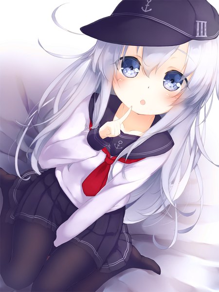 Anime picture 750x1000 with kantai collection hibiki destroyer gengetsu chihiro single long hair tall image looking at viewer blush fringe open mouth blue eyes hair between eyes sitting silver hair parted lips pleated skirt from above :o finger to mouth wariza