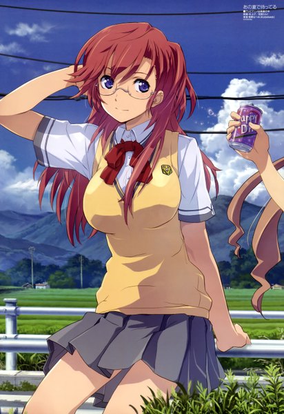 Anime picture 4072x5927 with ano natsu de matteru j.c. staff megami magazine takatsuki ichika single long hair tall image highres purple eyes absurdres red hair official art poster (medium) girl uniform school uniform glasses power lines