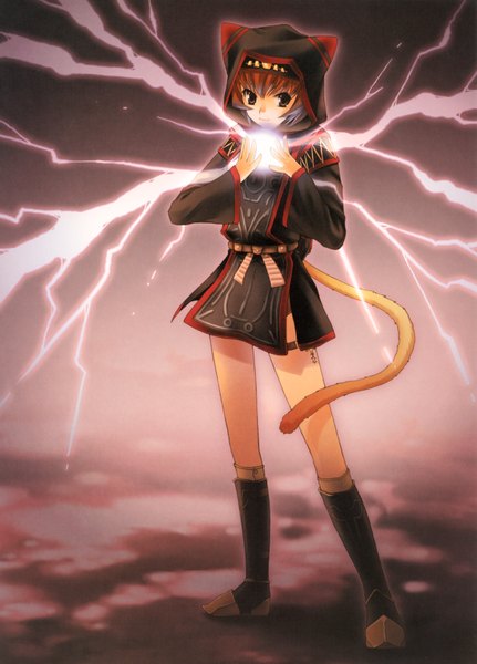 Anime picture 4854x6751 with original takigawa yuu single tall image looking at viewer highres short hair smile brown hair brown eyes animal ears absurdres cat ears cat girl cat tail magic girl boots hood