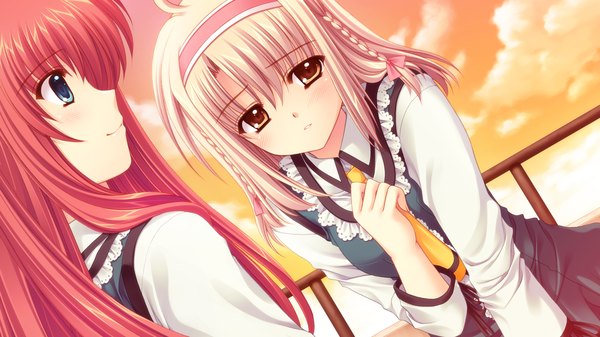 Anime picture 1280x720 with world wide love! (game) touno sakurako yamino yumeko long hair blue eyes blonde hair wide image multiple girls brown eyes game cg red hair girl uniform 2 girls school uniform