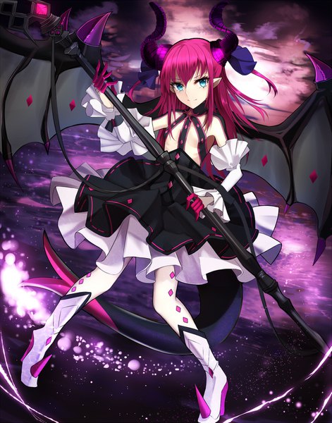 Anime picture 1349x1717 with fate (series) fate/extra fate/extra ccc elizabeth bathory (fate) (all) elizabeth bathory (fate) shiguru single long hair tall image fringe light erotic smile hair between eyes twintails holding pink hair sky cloud (clouds) bent knee (knees) tail