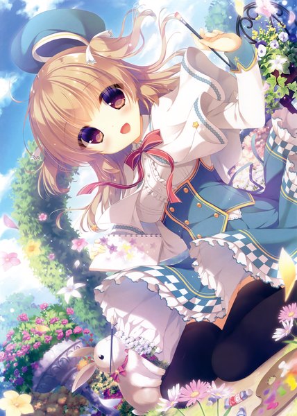 Anime picture 2352x3300 with original eshi 100-nin ten yukie (peach candy) single long hair tall image looking at viewer blush highres open mouth brown hair brown eyes sky cloud (clouds) scan official art girl thighhighs dress flower (flowers)