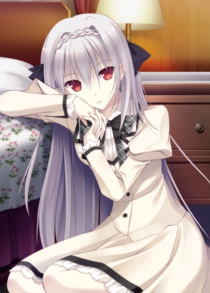 Anime picture 1000x1390 with tsuki ni yorisou otome no sahou sakurakouji luna takepon (artist) single long hair tall image looking at viewer fringe hair between eyes red eyes sitting silver hair indoors braid (braids) floral print girl bow hair bow bowtie pillow