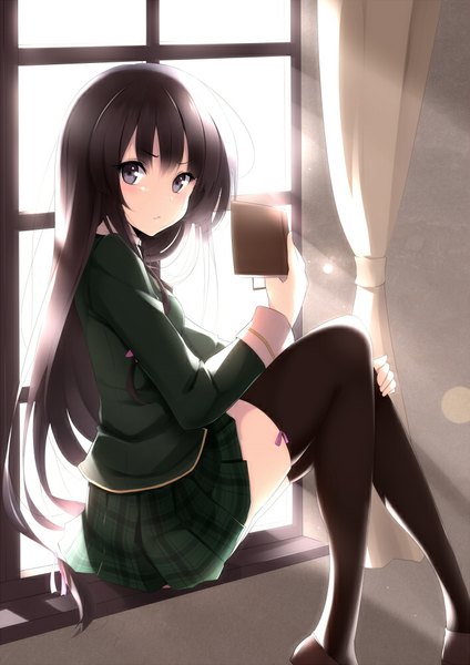 Anime picture 706x1000 with boku wa tomodachi ga sukunai mikazuki yozora kisaichi jin single long hair tall image looking at viewer blush brown hair sitting purple eyes sunlight lens flare plaid skirt backlighting girl thighhighs skirt uniform black thighhighs