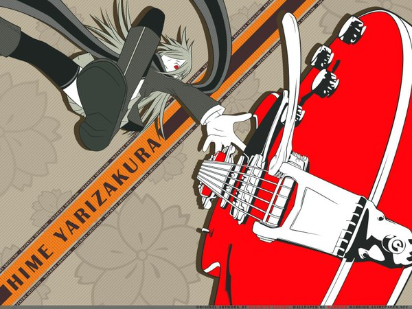 Anime picture 1600x1200 with yozakura quartet yarisakura hime single long hair fringe red eyes grey hair hair over one eye outstretched arm falling girl scarf musical instrument guitar