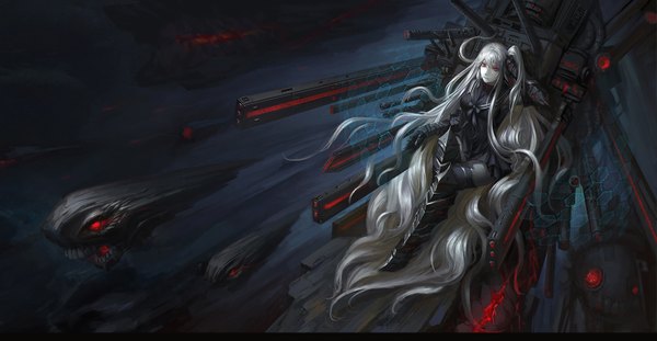 Anime picture 1638x851 with kantai collection aircraft carrier hime narcolepsy-1900 single looking at viewer fringe breasts wide image sitting very long hair grey hair one side up glowing wavy hair glowing eye (eyes) shinkaisei-kan girl bow armor thigh boots