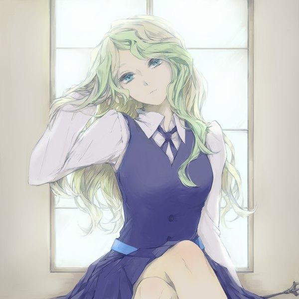 Anime picture 1500x1500 with little witch academia studio trigger diana cavendish kakmxxxny06 single long hair looking at viewer blue eyes head tilt green hair crossed legs adjusting hair wavy hair expressionless girl uniform school uniform window