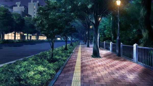 Anime picture 1280x720 with grisaia no kajitsu wide image game cg night light cityscape plant (plants) tree (trees) building (buildings) fence road