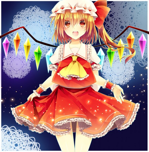 Anime picture 1957x2000 with touhou flandre scarlet izakiai (artist) single tall image looking at viewer blush highres short hair open mouth blonde hair red eyes girl dress skirt miniskirt wings frills skirt set crystal