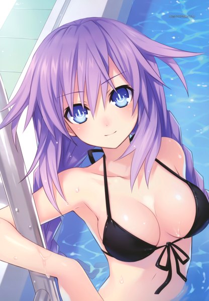 Anime picture 4832x6961 with choujigen game neptune purple heart tsunako single long hair tall image looking at viewer blush highres breasts blue eyes light erotic bare shoulders absurdres cleavage purple hair braid (braids) scan official art wet
