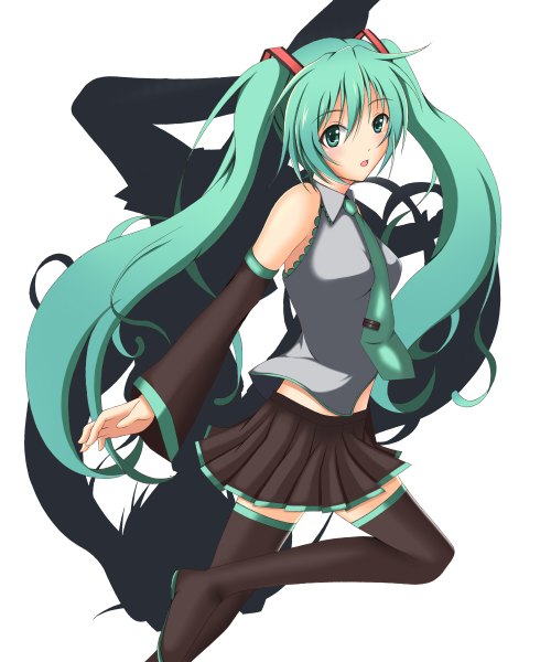 Anime picture 1000x1200 with vocaloid hatsune miku minatsuki nao single tall image simple background white background twintails bare shoulders very long hair aqua eyes aqua hair zettai ryouiki girl thighhighs skirt black thighhighs detached sleeves miniskirt necktie