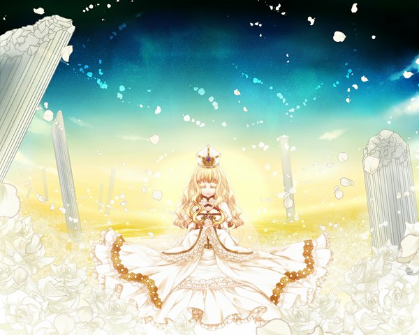 Anime picture 1000x800 with original usagi (usakiti) single long hair blonde hair eyes closed wavy hair girl dress flower (flowers) petals rose (roses) crown white rose pillar column