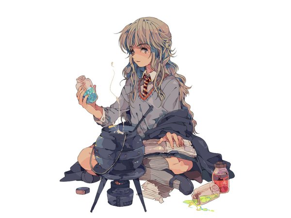 Anime picture 1024x768 with harry potter hermione granger single long hair simple background white background sitting grey hair grey eyes cooking girl uniform school uniform socks necktie book (books) sweater pot