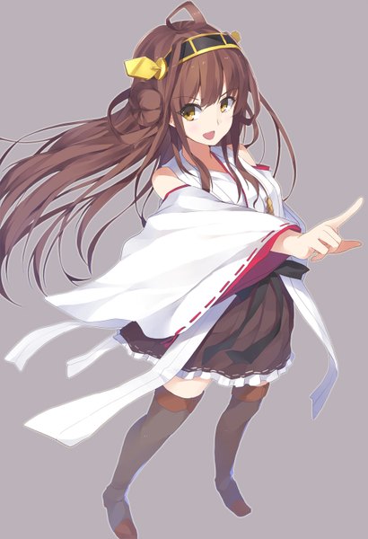 Anime picture 1024x1500 with kantai collection kongou battleship kuroito (snowflyer) single long hair tall image looking at viewer open mouth simple background brown hair brown eyes grey background pointing nontraditional miko girl thighhighs black thighhighs detached sleeves hairband