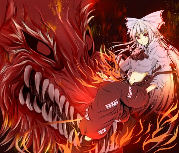 Anime picture 1200x1028 with touhou fujiwara no mokou rikkunia long hair smile red eyes white hair girl bow hair bow fire dragon