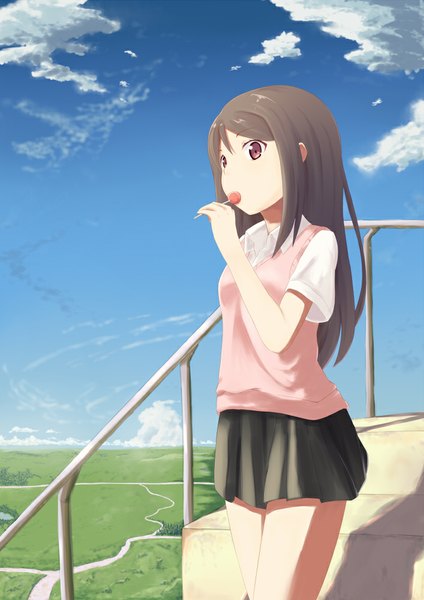 Anime picture 707x1000 with original momo no kanzume single long hair tall image black hair brown eyes sky cloud (clouds) girl skirt food sweets candy lollipop
