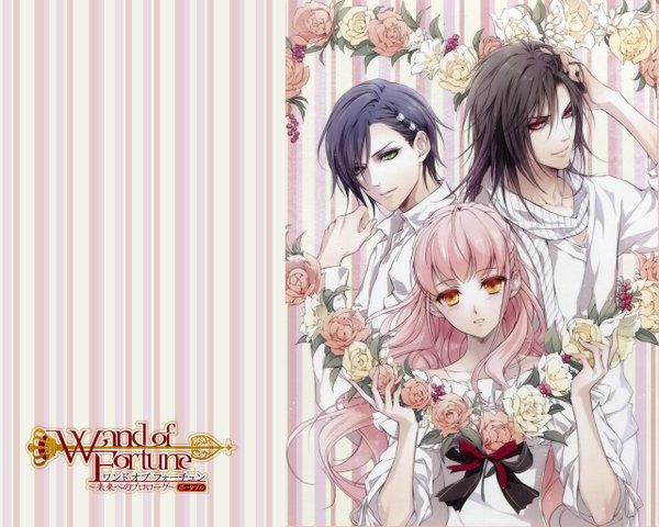 Anime picture 1280x1024 with wand of fortune idea factory lulu (wand of fortune) alvaro garay est rinaudo usuba kagerou long hair looking at viewer fringe short hair open mouth black hair green eyes pink hair pink eyes scan multiple boys orange eyes striped background girl