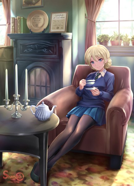 Anime picture 2132x2943 with girls und panzer darjeeling (girls und panzer) shamakho single tall image looking at viewer highres short hair blue eyes blonde hair girl skirt miniskirt pantyhose window sweater cup armchair candle (candles) teapot