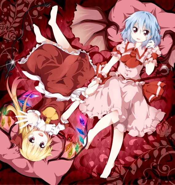 Anime picture 1200x1263 with touhou flandre scarlet remilia scarlet ruu (tksymkw) tall image blush short hair open mouth blonde hair red eyes multiple girls blue hair barefoot no hat girl dress skirt weapon 2 girls petals