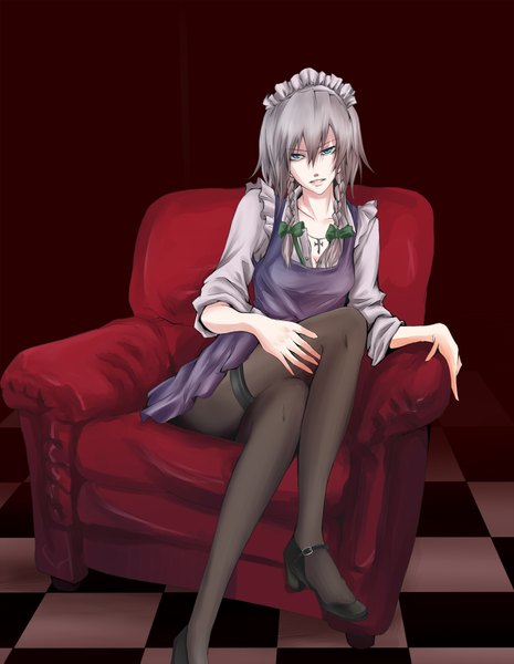 Anime picture 1500x1935 with touhou izayoi sakuya pokimari single long hair tall image looking at viewer highres open mouth blue eyes light erotic sitting braid (braids) grey hair maid twin braids crossed legs checkered floor twisty sleeves girl