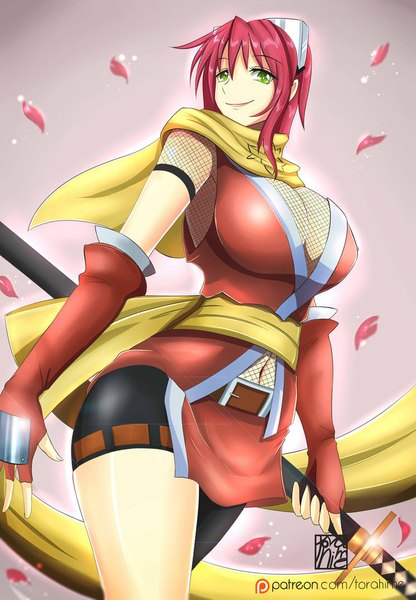 Anime picture 745x1073 with torahime (roland00) single long hair tall image fringe breasts light erotic smile green eyes red hair huge breasts girl gloves weapon sword elbow gloves scarf katana ninja
