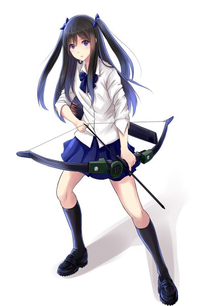 Anime picture 3897x5826 with original allenes single long hair tall image looking at viewer highres black hair white background purple eyes twintails signed absurdres girl skirt bow weapon hair bow shirt socks