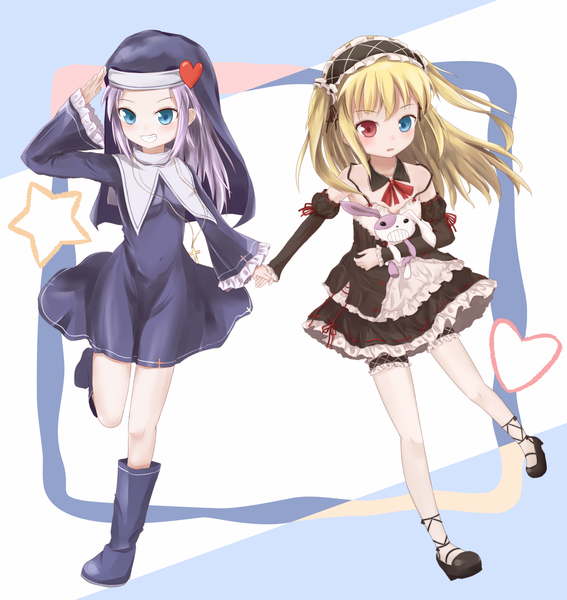 Anime picture 1434x1516 with boku wa tomodachi ga sukunai hasegawa kobato takayama maria long hair tall image blue eyes blonde hair smile bare shoulders multiple girls purple hair loli heterochromia nun girl dress 2 girls detached sleeves shoes heart