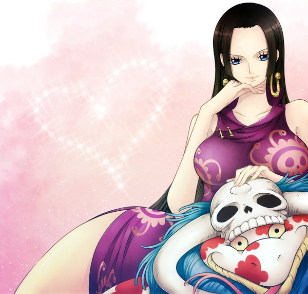 Anime picture 2827x2699 with one piece toei animation boa hancock salome (one piece) lchrno single long hair looking at viewer highres breasts blue eyes light erotic black hair large breasts yellow eyes skull print girl dress earrings animal