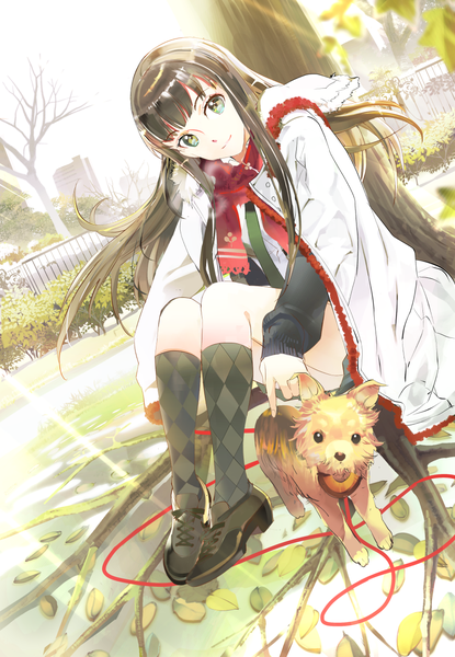 Anime picture 900x1300 with idolmaster idolmaster cinderella girls shibuya rin 119 single long hair tall image looking at viewer blue eyes brown hair sitting checkered girl uniform plant (plants) school uniform animal tree (trees) socks shoes