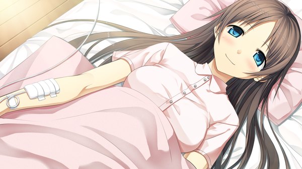 Anime picture 2560x1440 with monobeno sawai natsuha cura long hair blush highres blue eyes brown hair wide image game cg lying girl pajamas