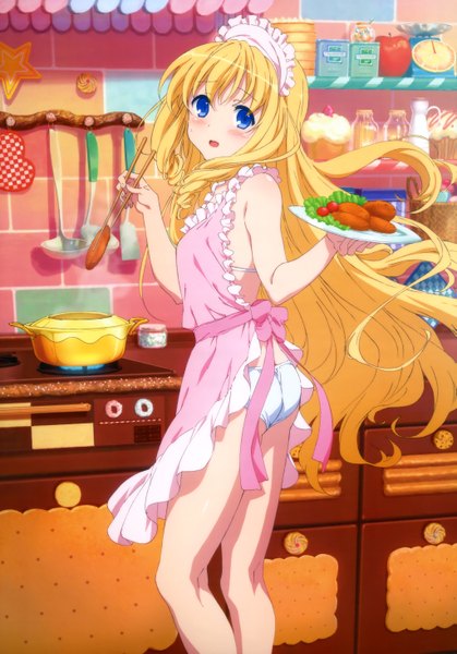 Anime picture 4089x5852 with amagi brilliant park kyoto animation nyantype latifa fleuranza single long hair tall image looking at viewer blush highres open mouth blue eyes light erotic blonde hair standing absurdres indoors official art naked apron cooking