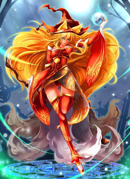 Anime picture 1600x2200 with league of legends ahri (league of legends) aata1007 single long hair tall image blonde hair green eyes animal ears tail magic fox girl multiple tails girl hat witch hat magic circle