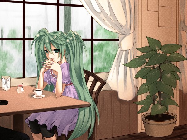 Anime picture 1200x900 with vocaloid hatsune miku yayoi (egoistic realism) sitting twintails very long hair aqua eyes aqua hair girl dress plant (plants) window cup