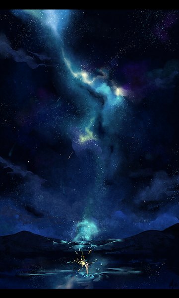Anime picture 603x1000 with howl's moving castle studio ghibli howl calcifer naseu single tall image fringe short hair holding night night sky glowing letterboxed mountain shooting star milky way water star (stars) child (children)