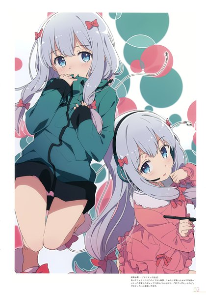 Anime picture 2449x3500 with eromanga sensei a-1 pictures milky been! (ogipote) - chara pack 2017 (artbook) izumi sagiri ogipote long hair tall image looking at viewer blush highres blue eyes light erotic multiple girls payot silver hair from above scan bare legs copyright name border