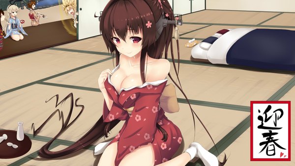 Anime picture 1920x1080 with kantai collection shimakaze destroyer kongou battleship yamato super battleship akagi aircraft carrier yukikaze destroyer mijinko (rioriorio) long hair blush highres light erotic smile red eyes brown hair wide image bare shoulders multiple girls cleavage ponytail traditional clothes